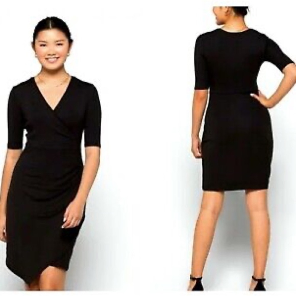 NWOT Goldray Blaise Ribbed Faux Wrap Dress Black Petite Size Small